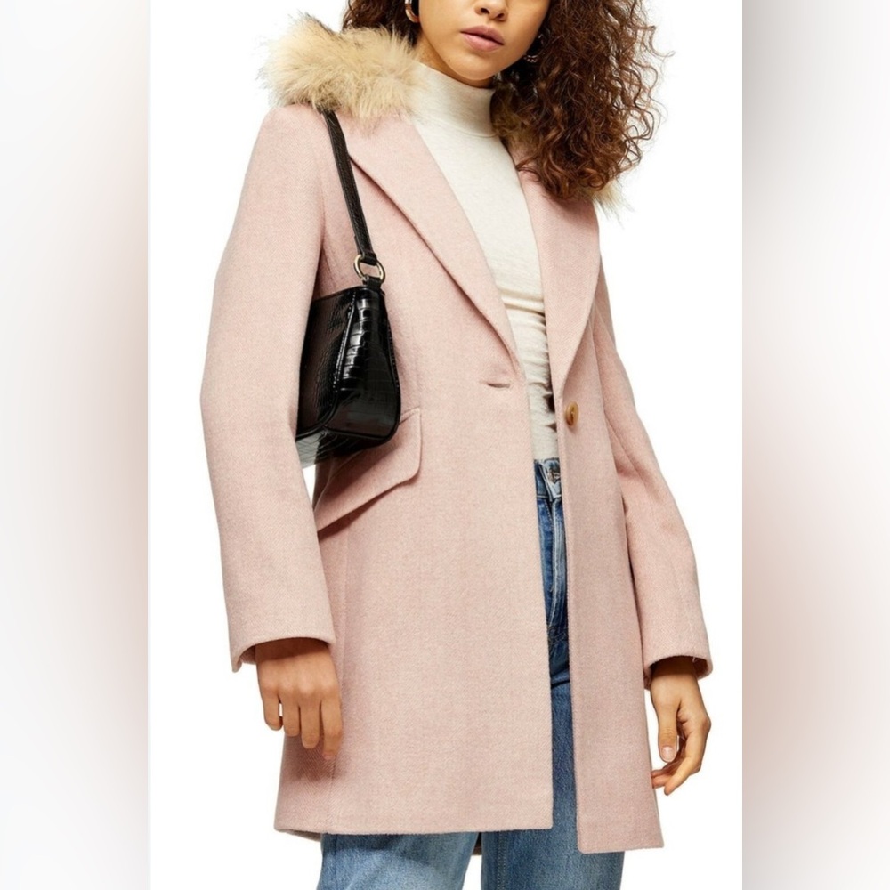 Topshop Pink Pea Coat with Wide Lapel and Plush Fur Trim